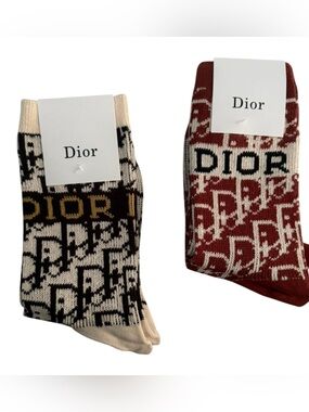 2 Pair Dior Outlet Knit Socks - Black/Cream and Burgundy/Cream